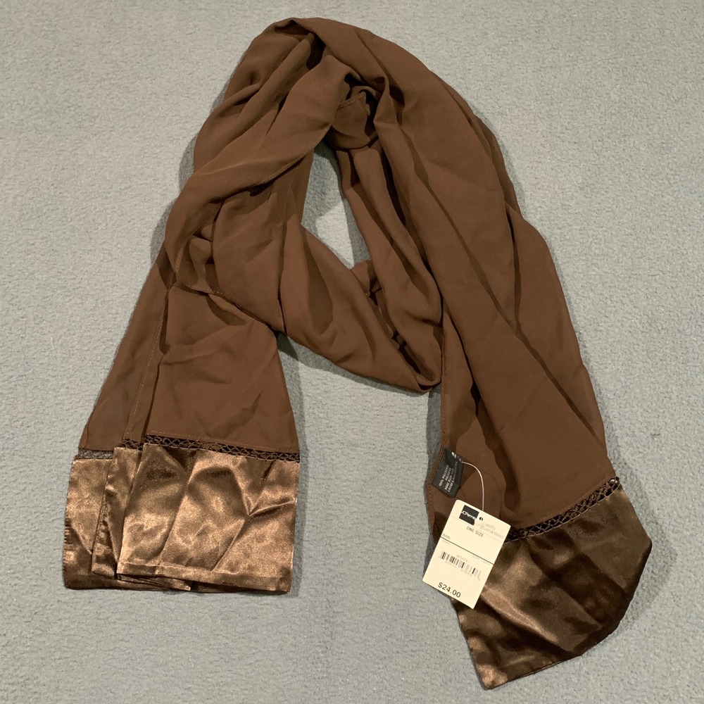 New VTG JCPenney Womens Chocolate Brown Sheerโ Polyester Scarf with Satin Trim
